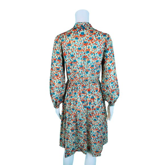 Vintage 1980s Silk Shirtdress Necktie Red Orange Blue Artistic Printed Dress - Picture 8 of 10